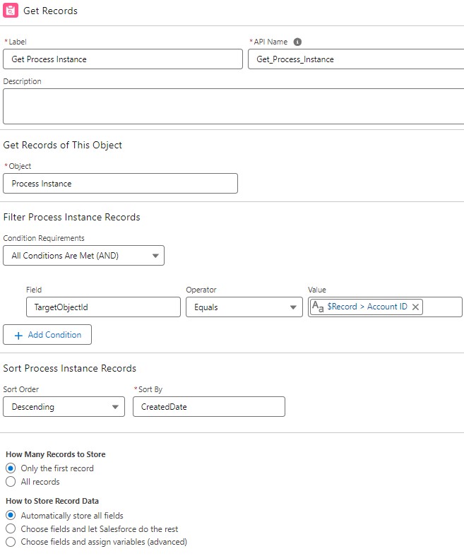 Get Records element to get the last Process Instance record related