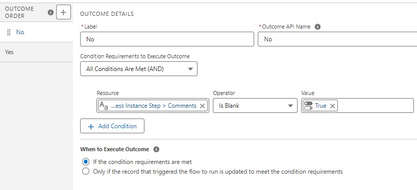 Elemento Decisione per verificare campo Commento del Process Instance Step